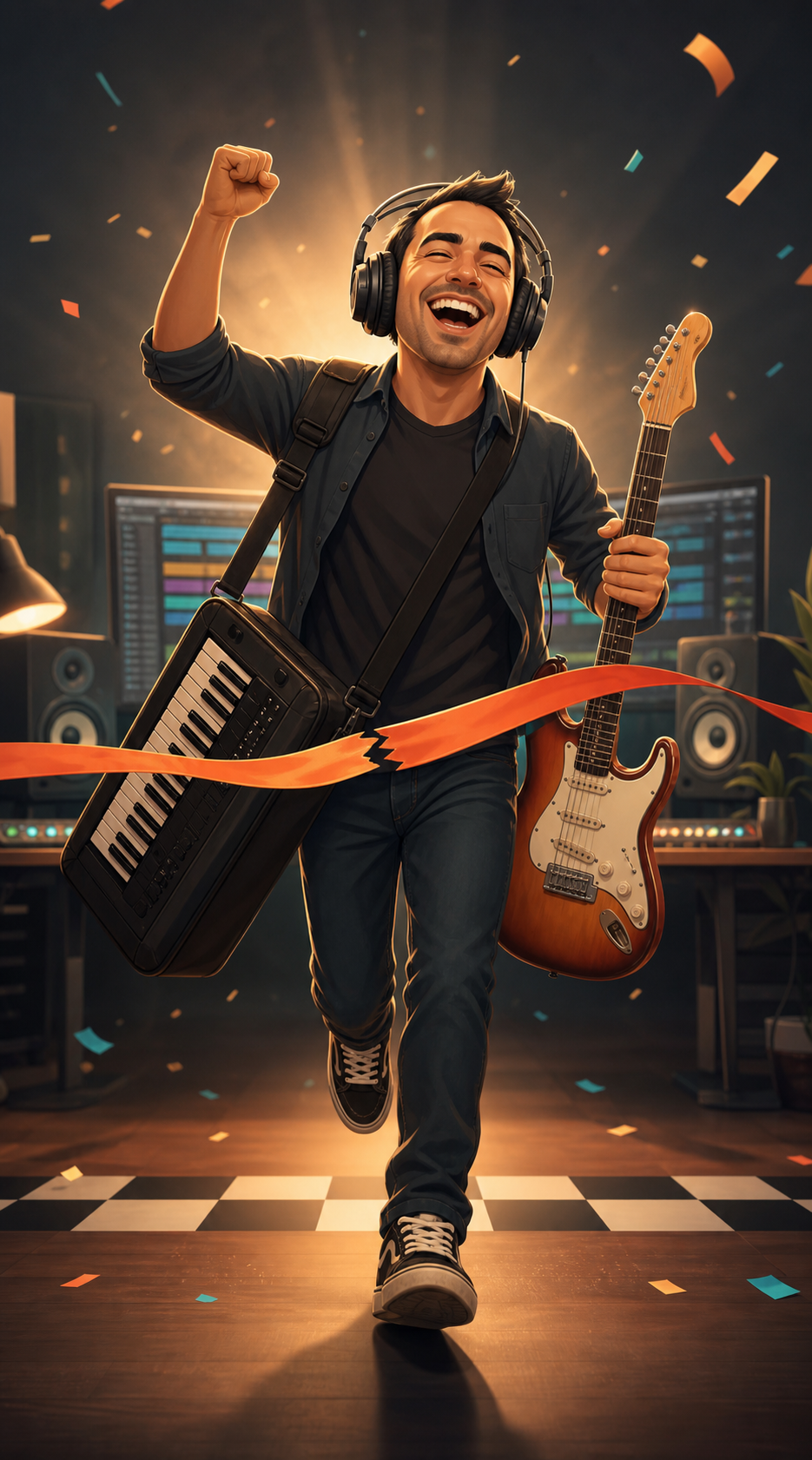 Musicien home studio heureux qui franchit une ligne d'arrivée avec son matériel